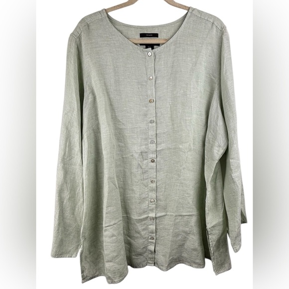 Tops - Tahari 100% Linen Women’s Tunic Top Button up Light Green Size 2X Lagenlook Flow
